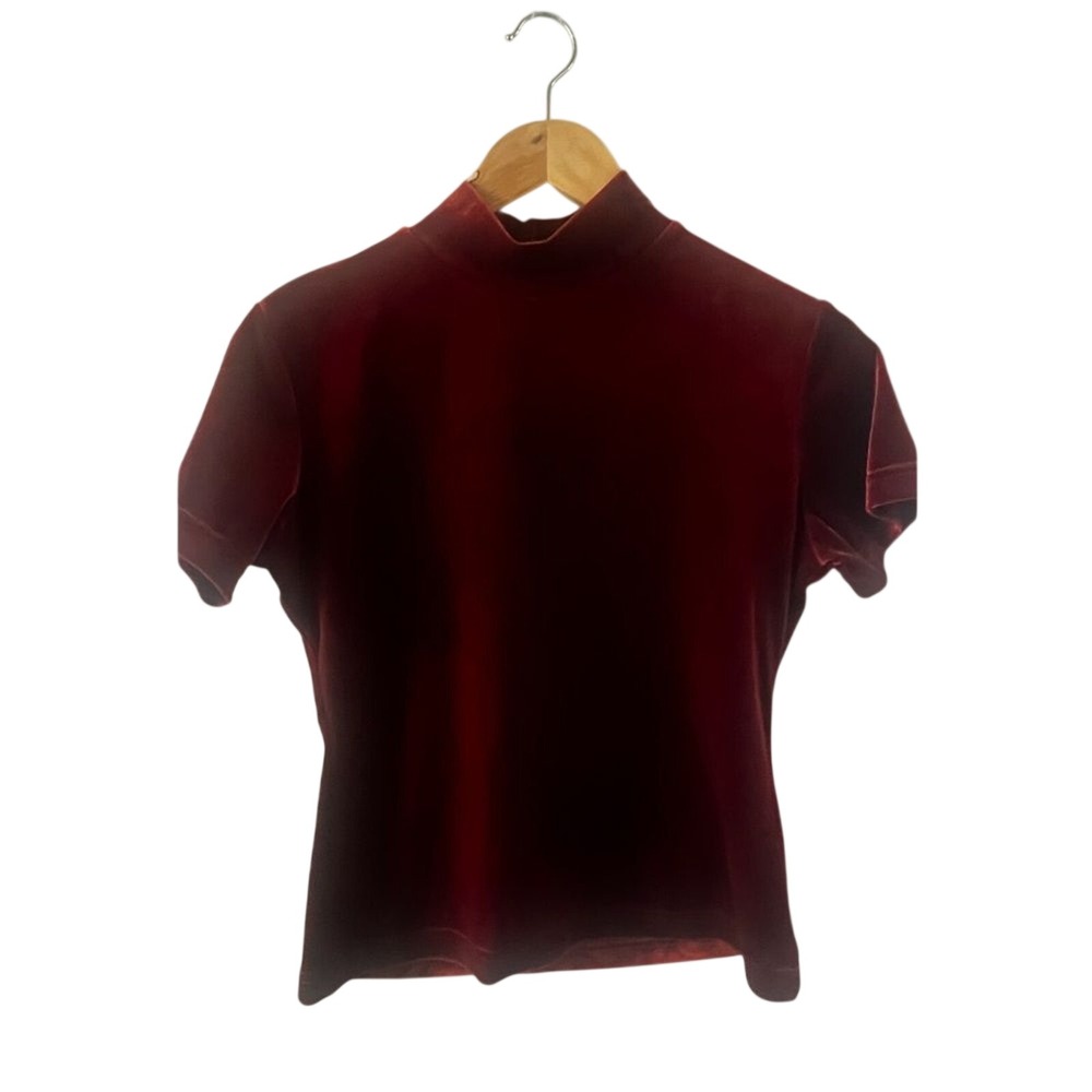 Vintage Jonden Petite Women's SZ Medium Red Maroon Velour Mock‎ Neck Shirt 90s